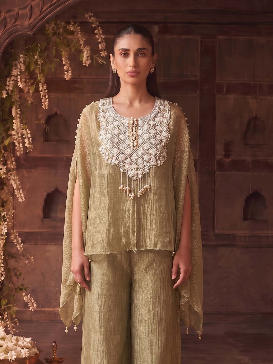 LIGHT GREEN TISSUE CO-ORD SET WITH PEARL AND EMBROIDERY