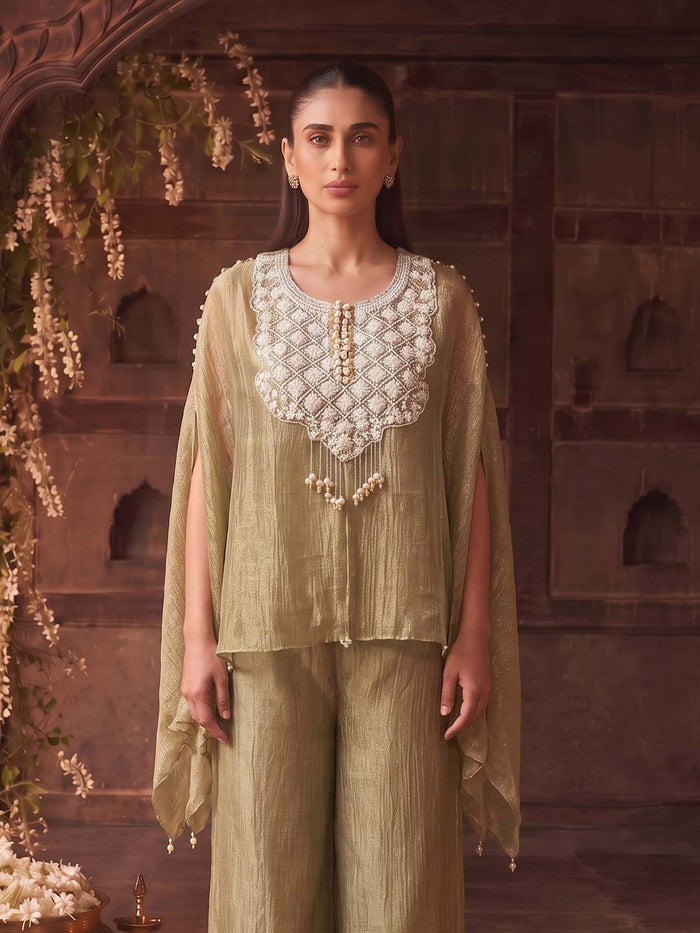 LIGHT GREEN TISSUE CO-ORD SET WITH PEARL AND EMBROIDERY