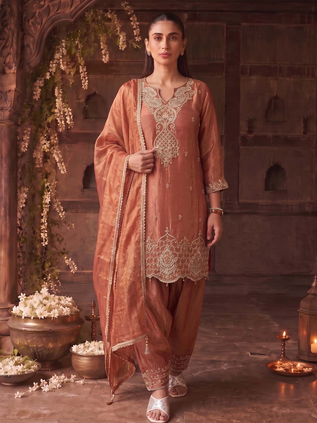 BURNT ORANGE TISSUE HANDWORK SUIT SET
