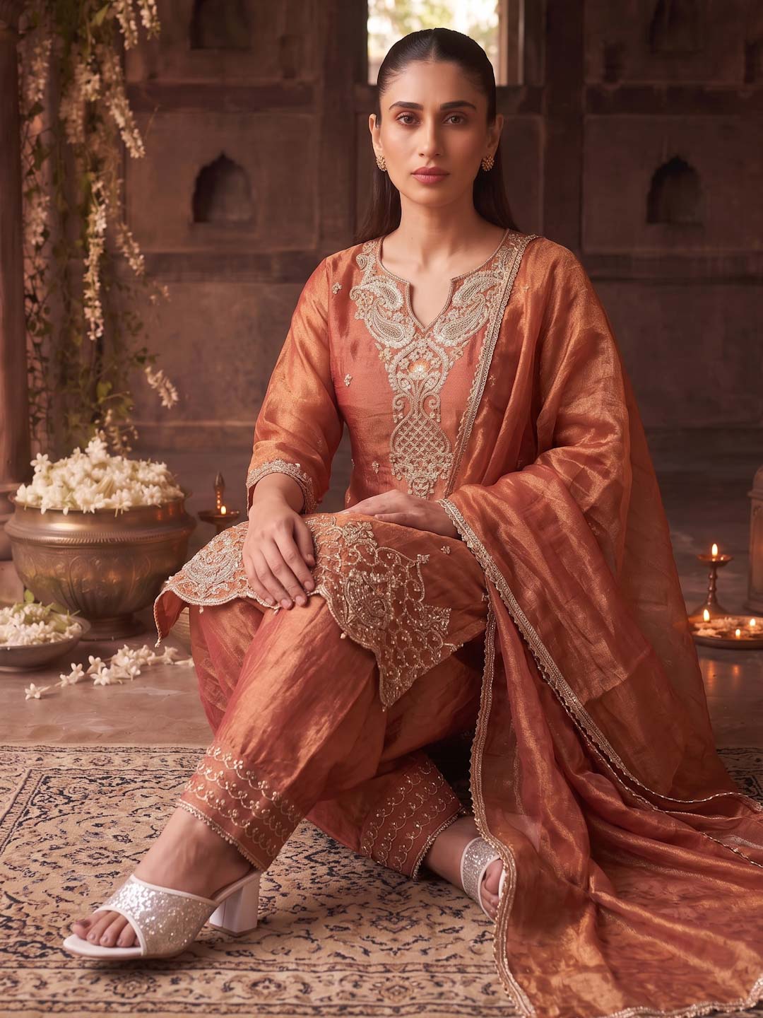 BURNT ORANGE TISSUE HANDWORK SUIT SET