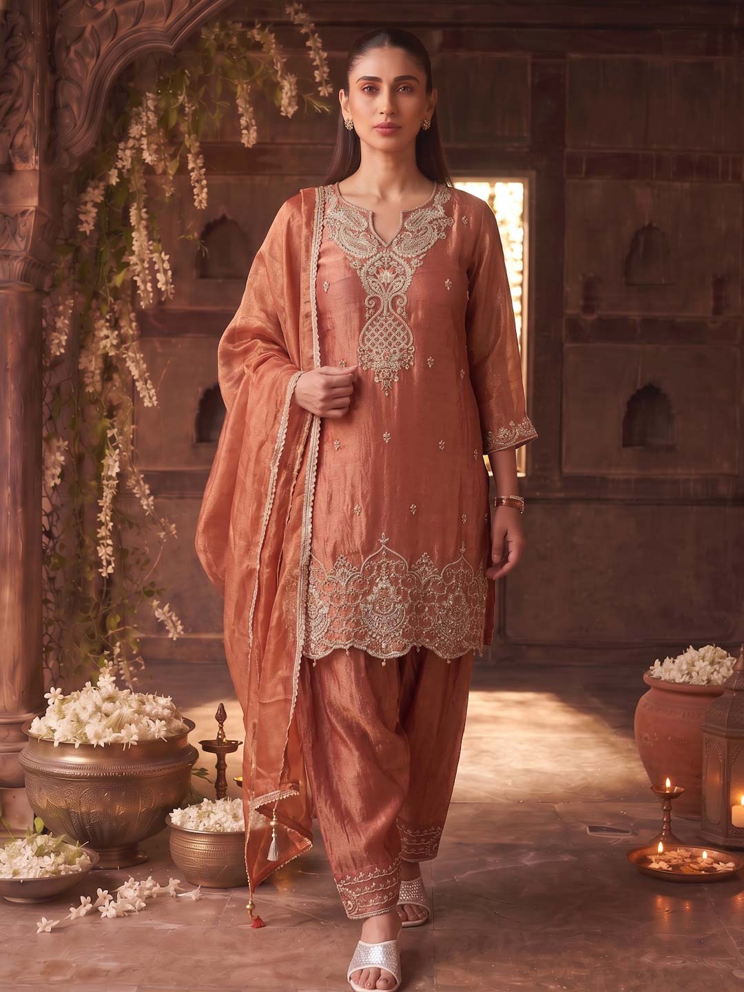 BURNT ORANGE TISSUE HANDWORK SUIT SET