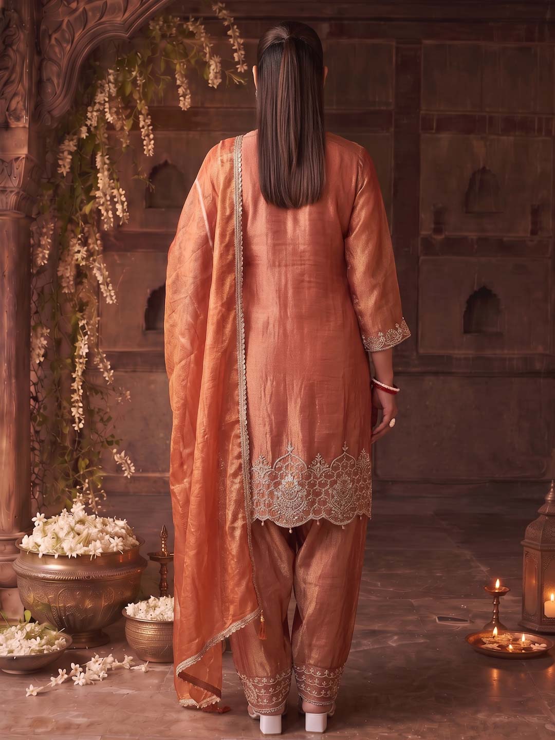BURNT ORANGE TISSUE HANDWORK SUIT SET