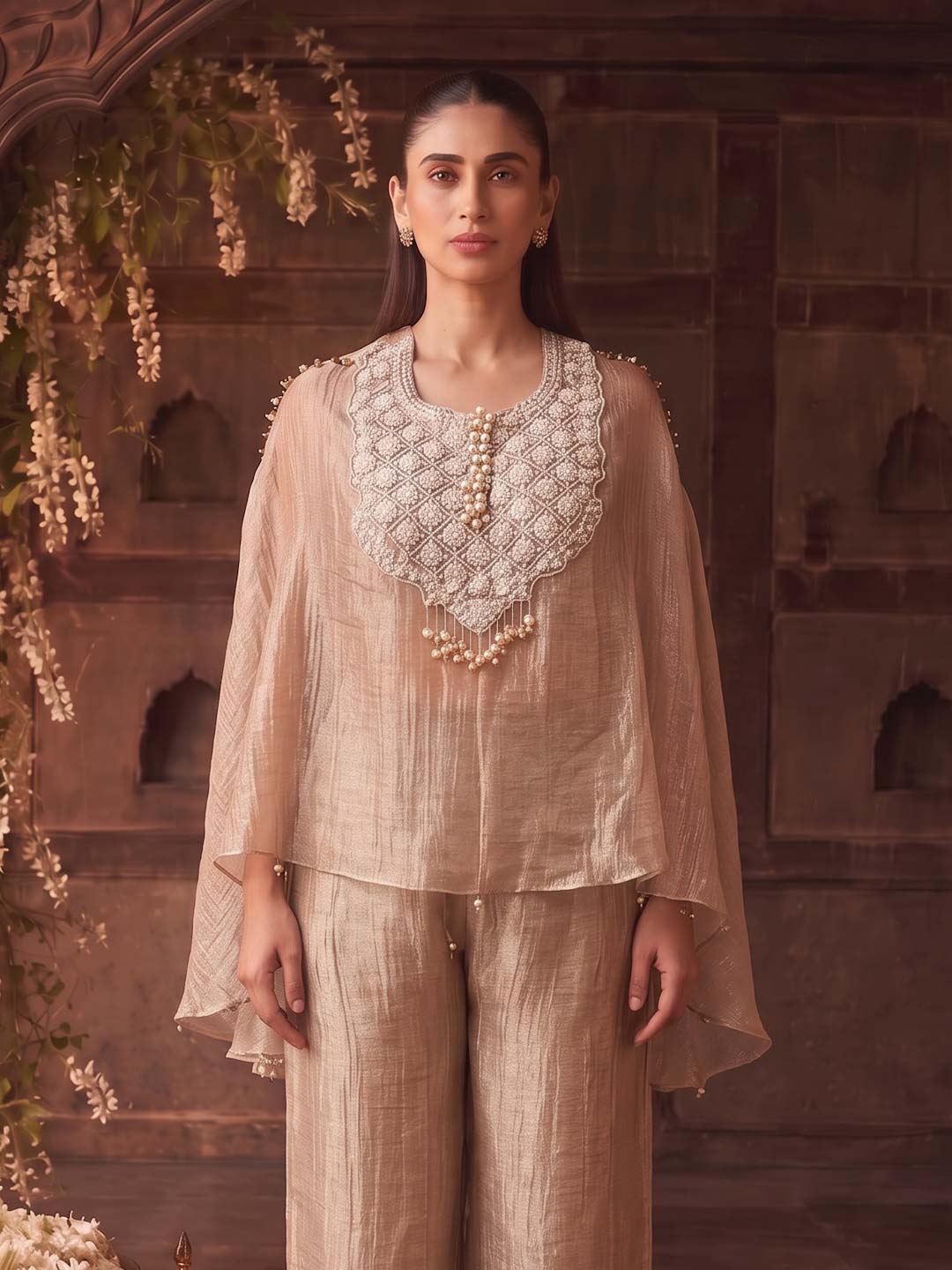 LIGHT PINK TISSUE CO-ORD SET WITH PEARL AND EMBROIDERY