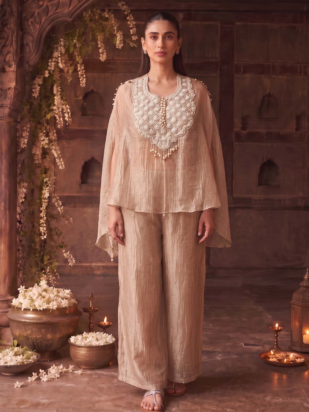 LIGHT PINK TISSUE CO-ORD SET WITH PEARL AND EMBROIDERY