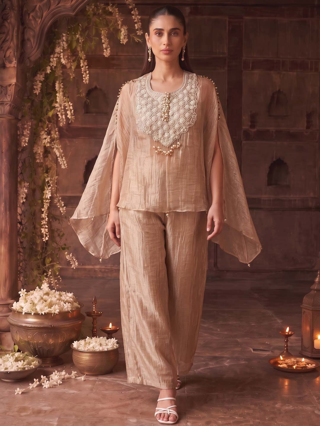LIGHT PINK TISSUE CO-ORD SET WITH PEARL AND EMBROIDERY