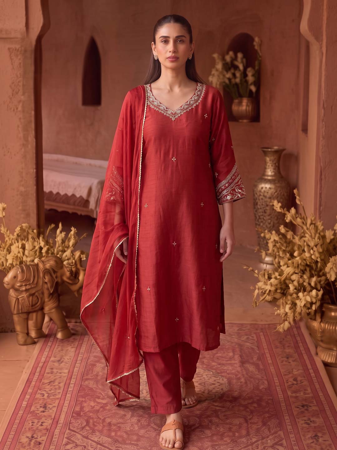 CRIMSON RED HANDWORK SUIT SET