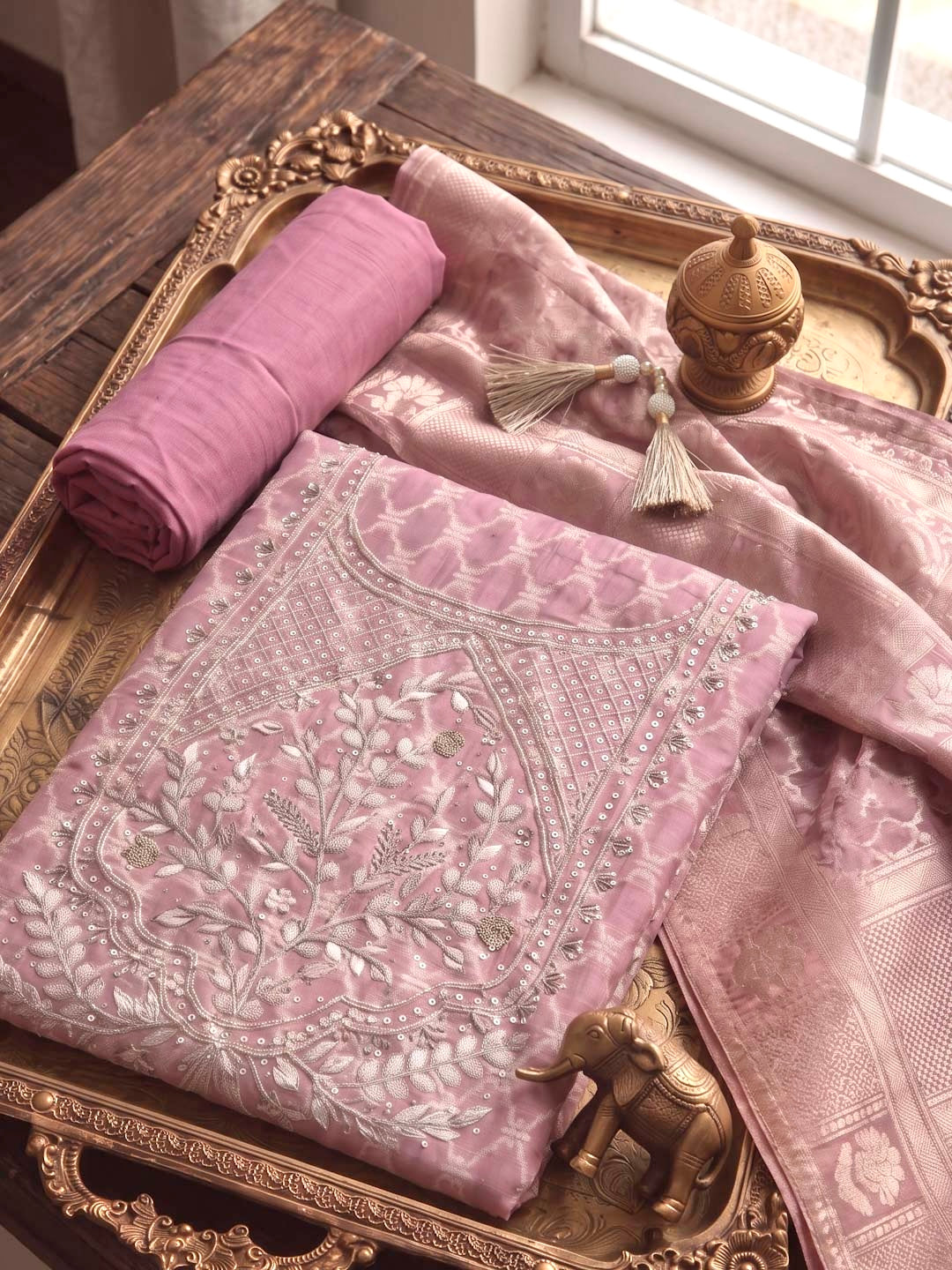 PINK CHANDERI UNSTITCHED SUIT SET WITH GOTTA WORK