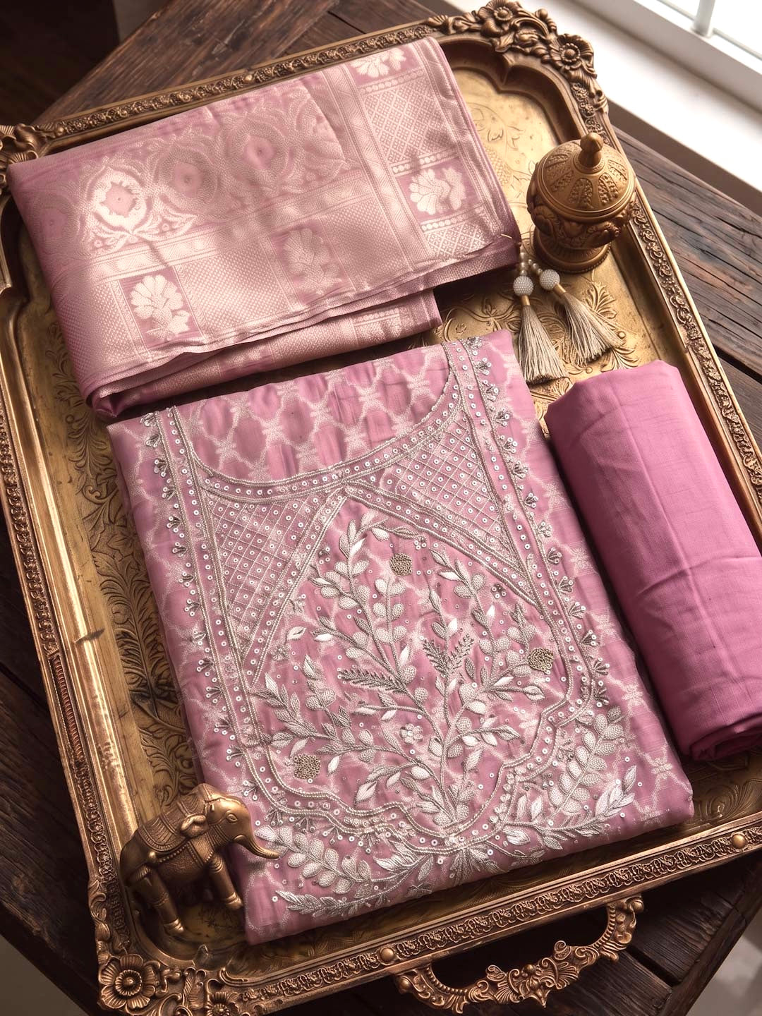 PINK CHANDERI UNSTITCHED SUIT SET WITH GOTTA WORK