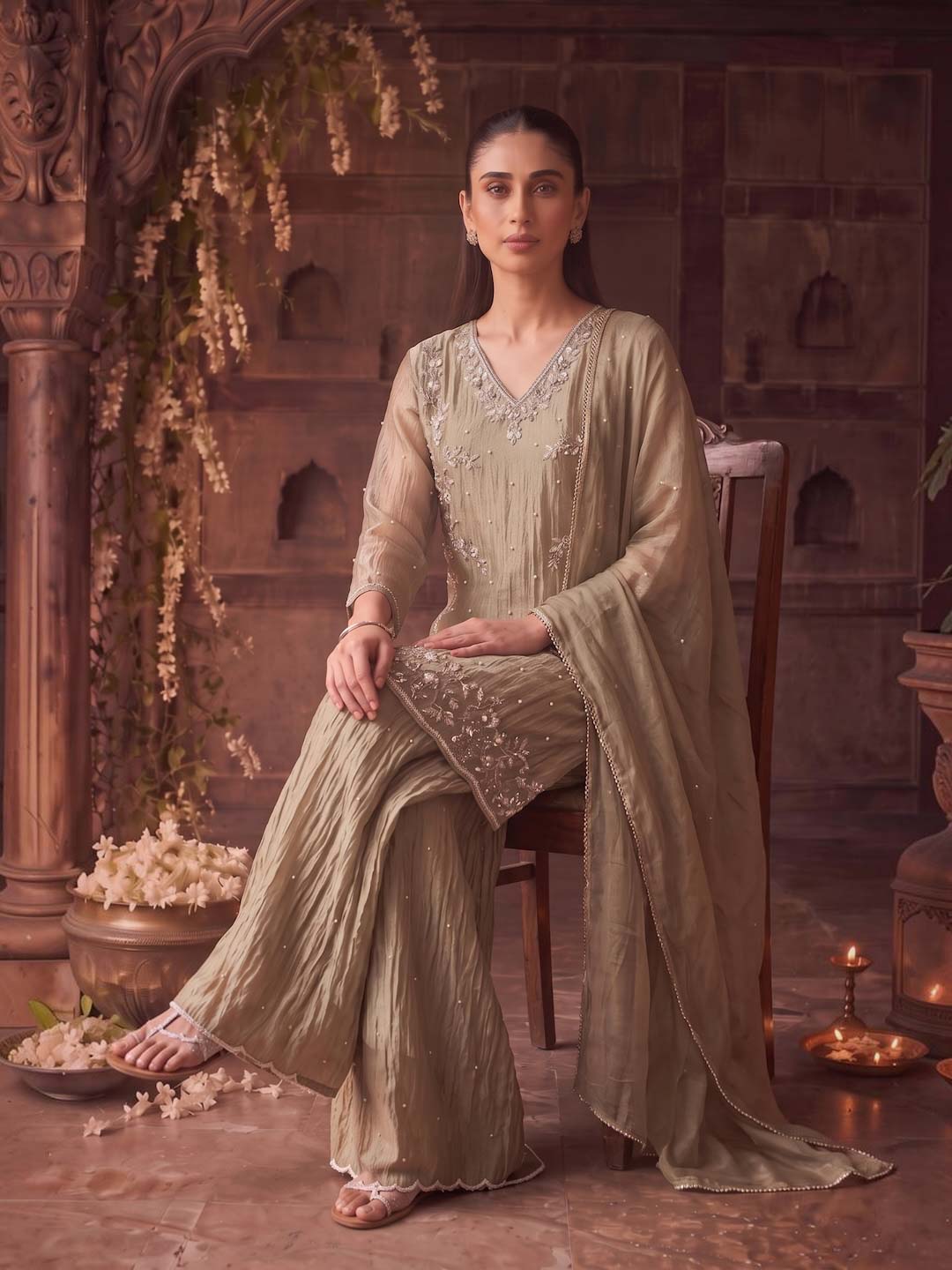 SAGE GREEN HANDWORK TISSUE PALAZZO SET WITH ORGANZA DUPATTA