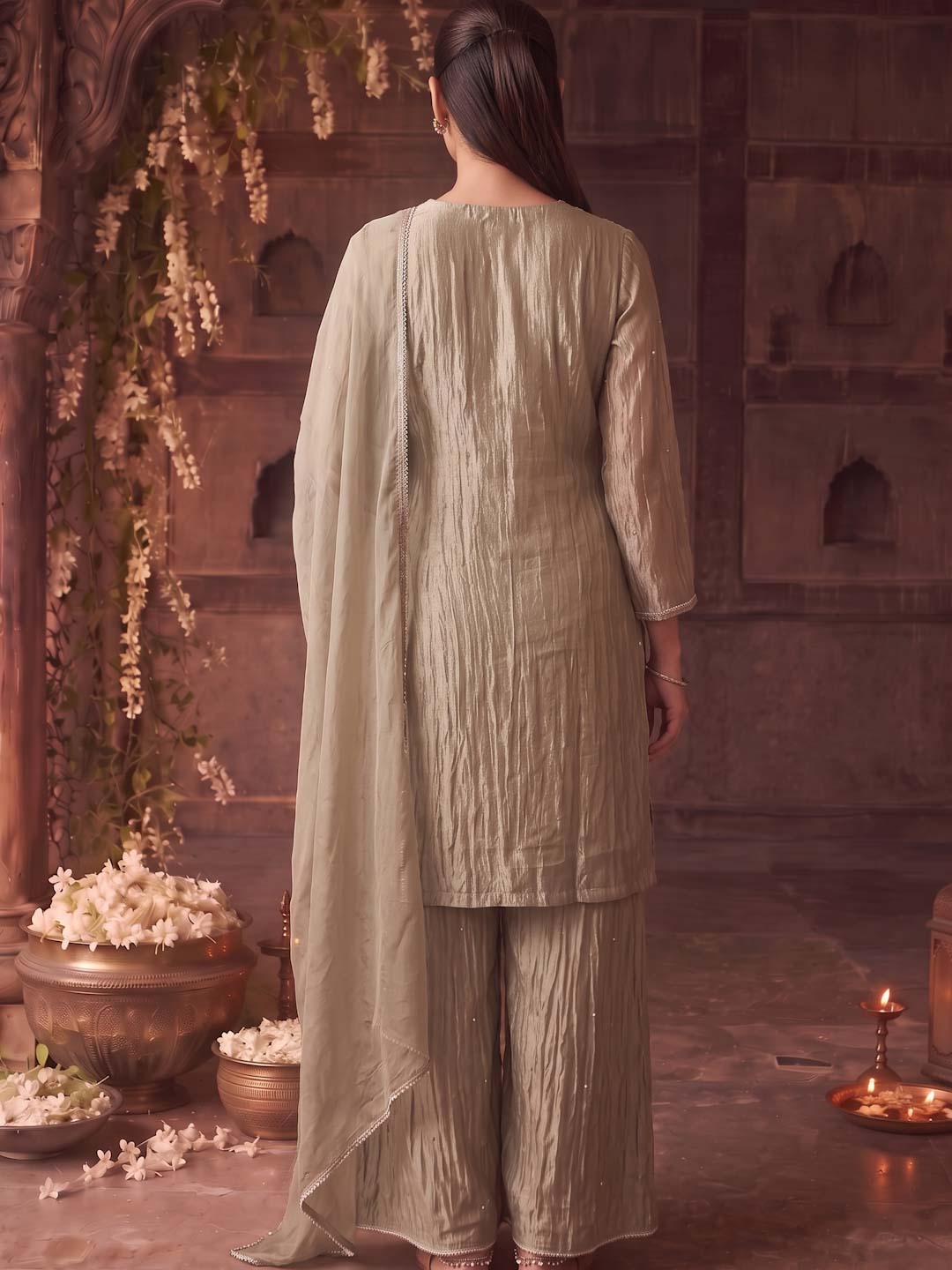 SAGE GREEN HANDWORK TISSUE PALAZZO SET WITH ORGANZA DUPATTA