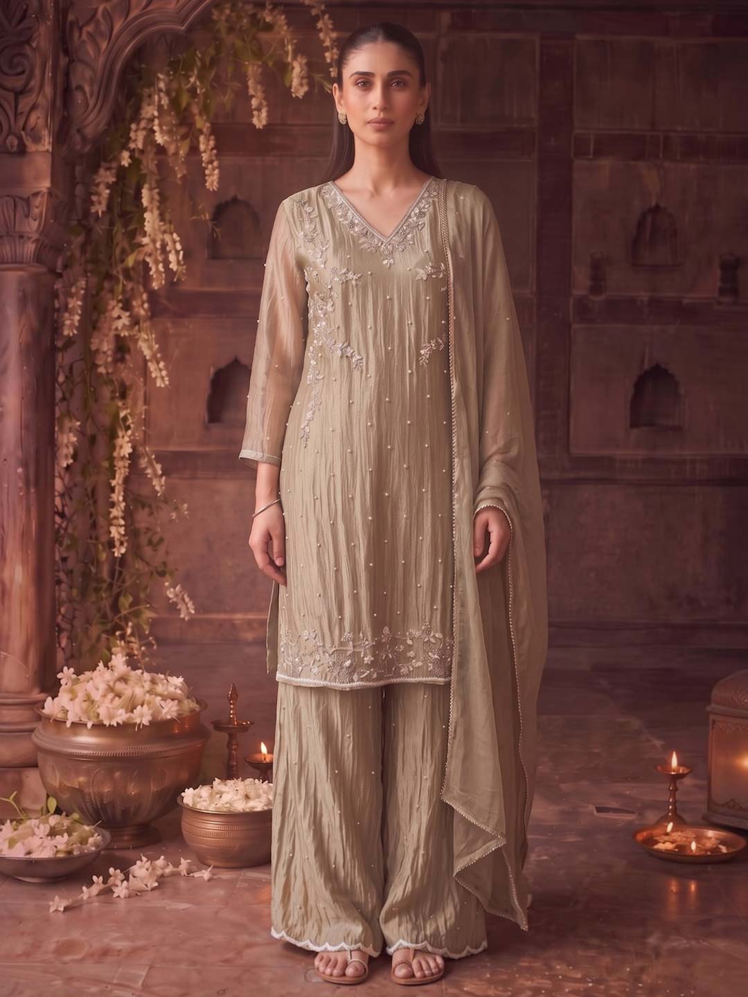 SAGE GREEN HANDWORK TISSUE PALAZZO SET WITH ORGANZA DUPATTA