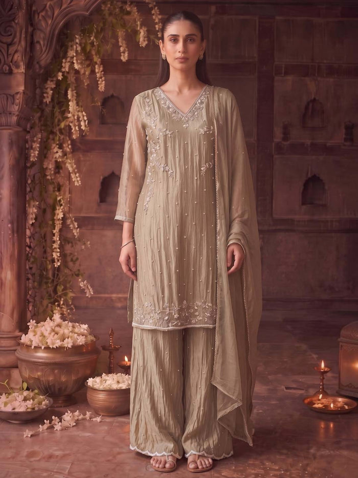 SAGE GREEN HANDWORK TISSUE PALAZZO SET WITH ORGANZA DUPATTA