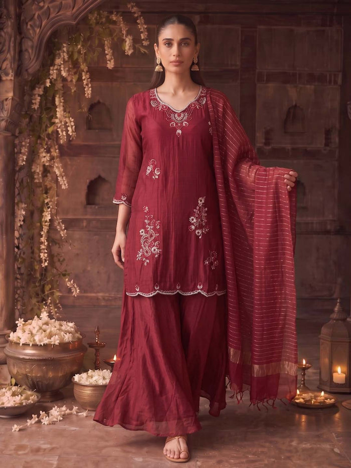 CRIMSON RED CHANDERI HANDWORK SUIT SET