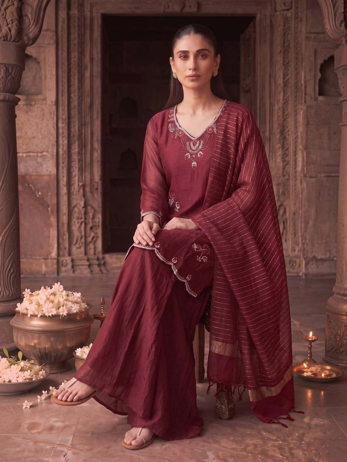 CRIMSON RED CHANDERI HANDWORK SUIT SET