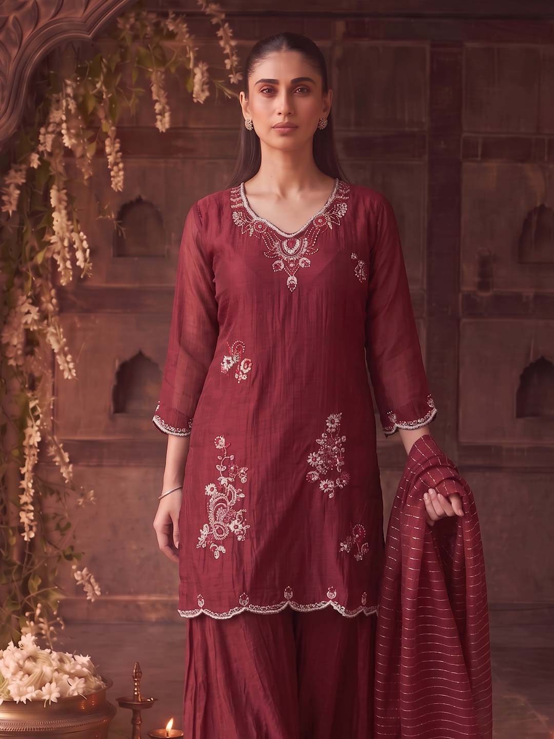 CRIMSON RED CHANDERI HANDWORK SUIT SET