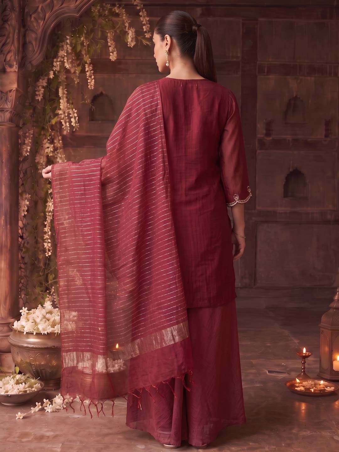 CRIMSON RED CHANDERI HANDWORK SUIT SET