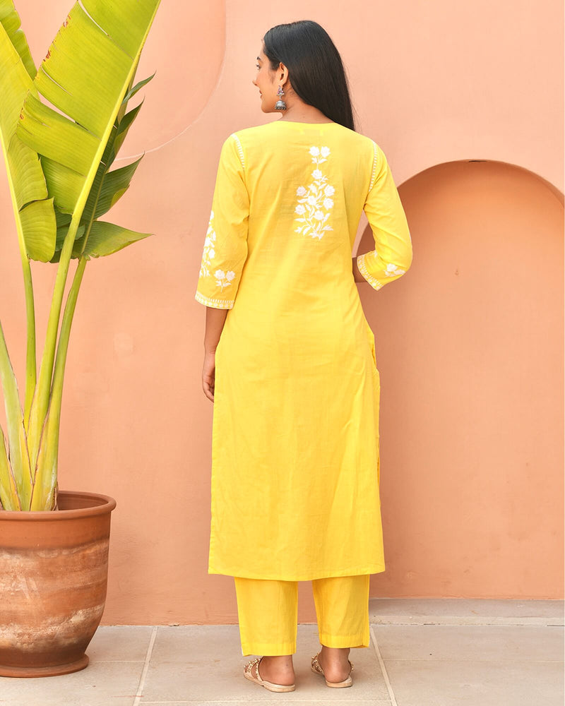 YELLOW COTTON KURTA SET WITH WHITE EMBROIDERY