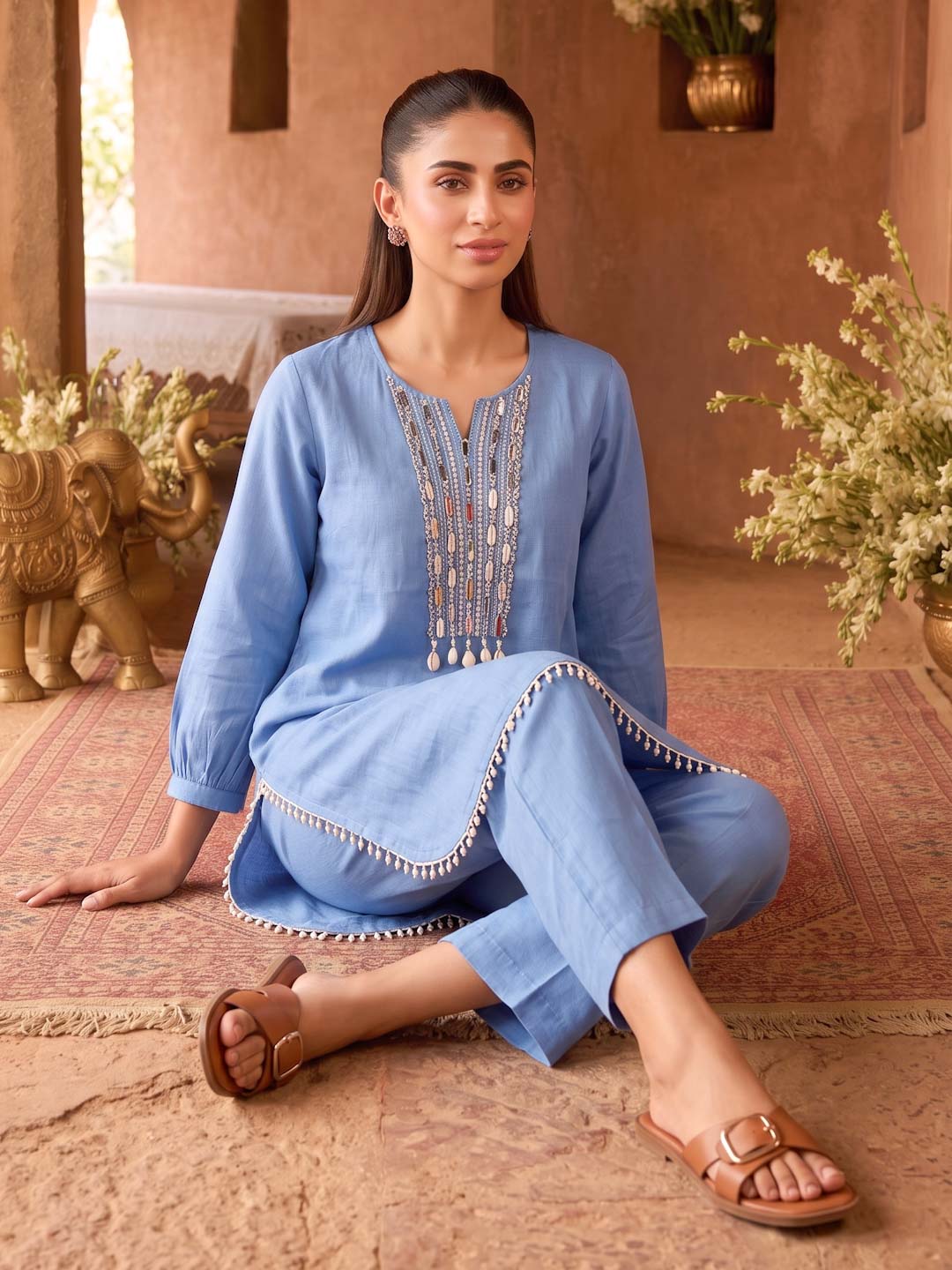 BLUE CHANDERI HANDWORK CO-ORD SET