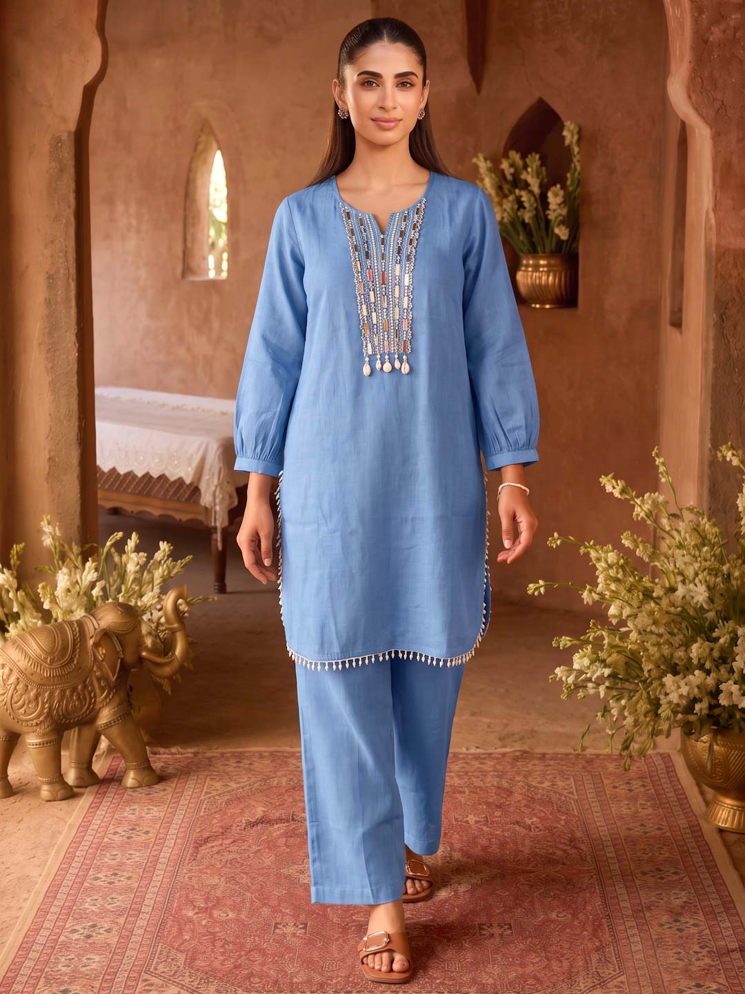 BLUE CHANDERI HANDWORK CO-ORD SET