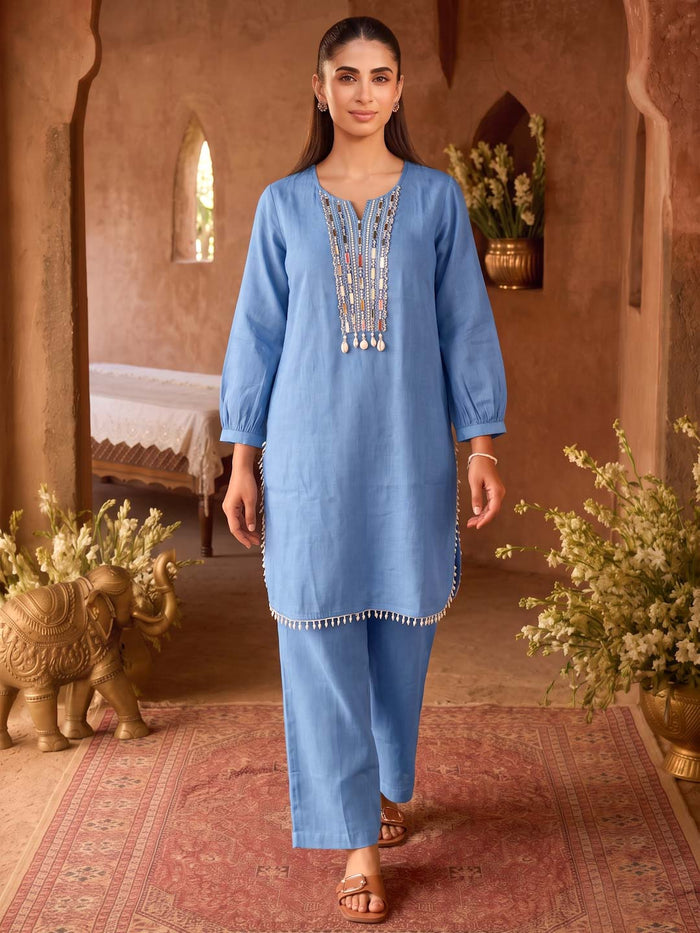 BLUE CHANDERI HANDWORK CO-ORD SET