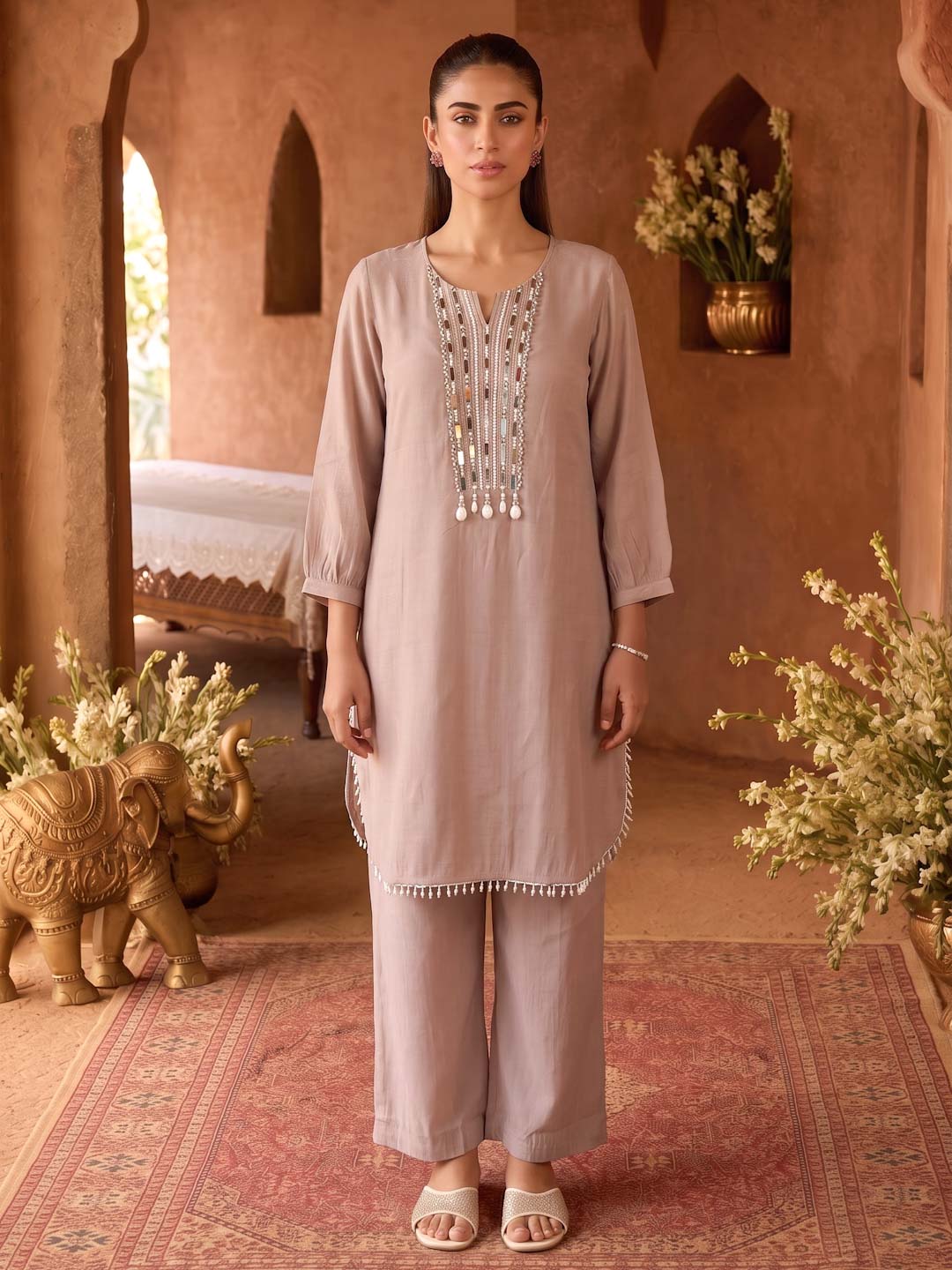 BEIGE CHANDERI HANDWORK CO-ORD SET