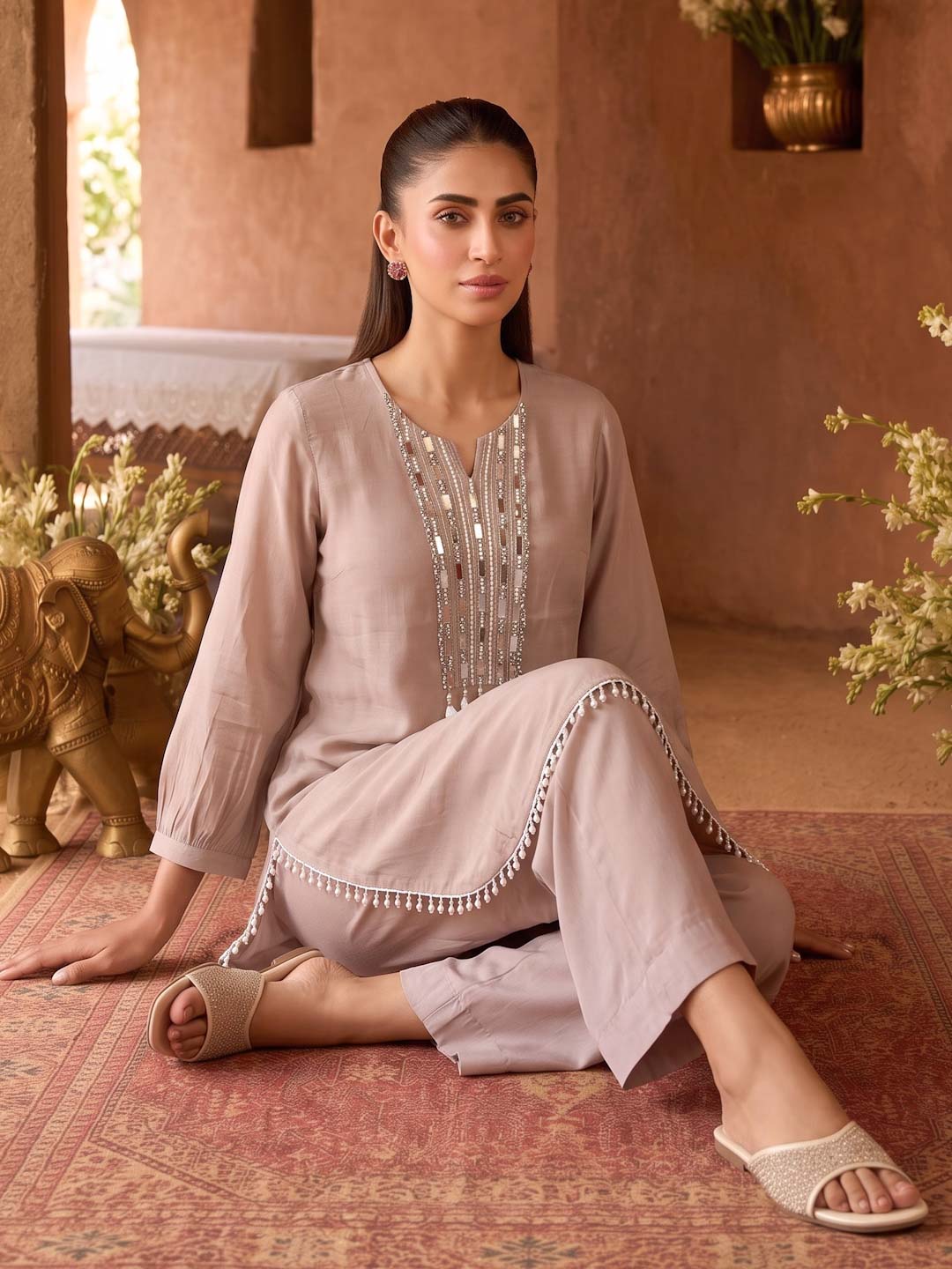 BEIGE CHANDERI HANDWORK CO-ORD SET