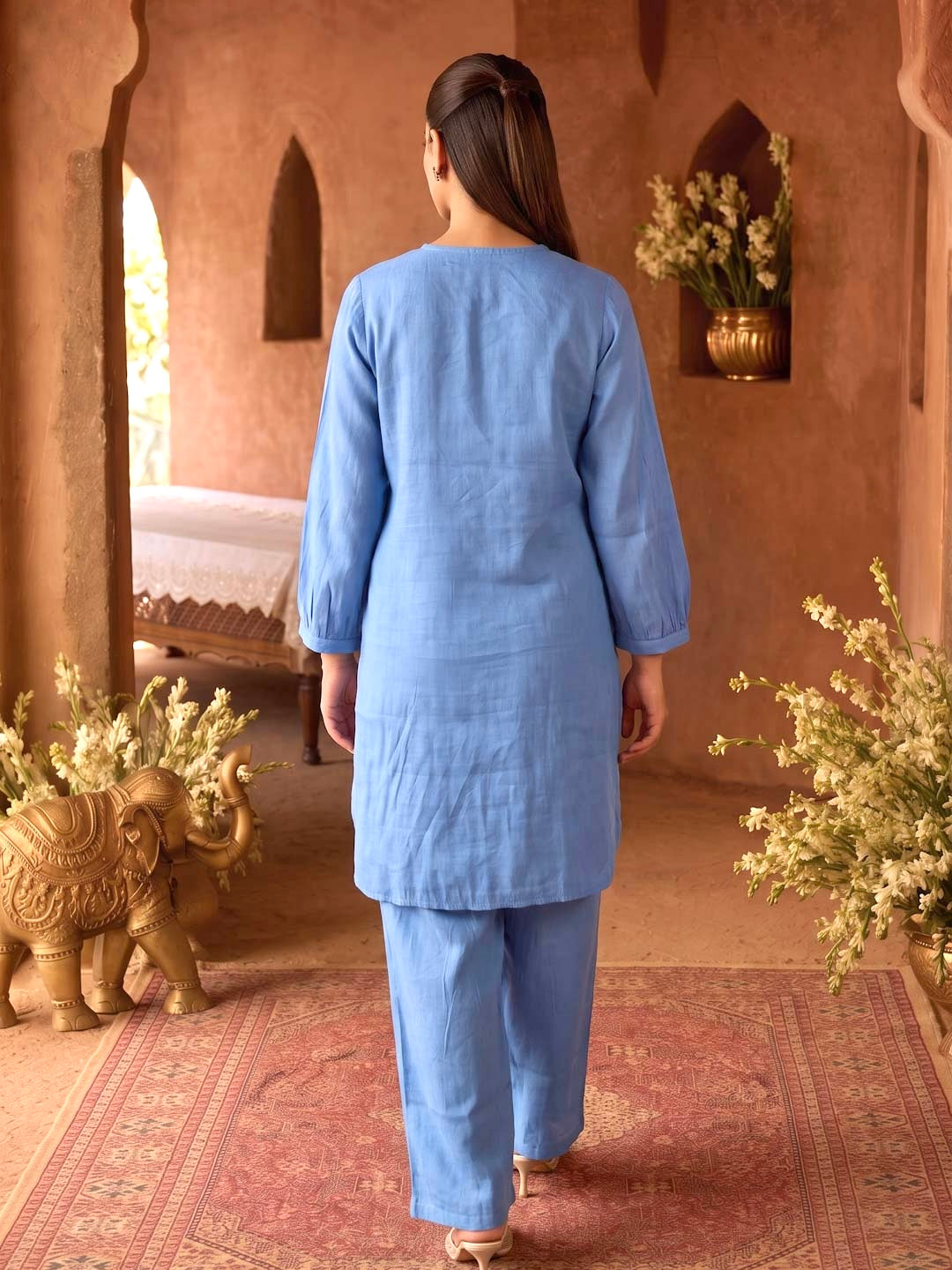 BLUE CHANDERI HANDWORK CO-ORD SET