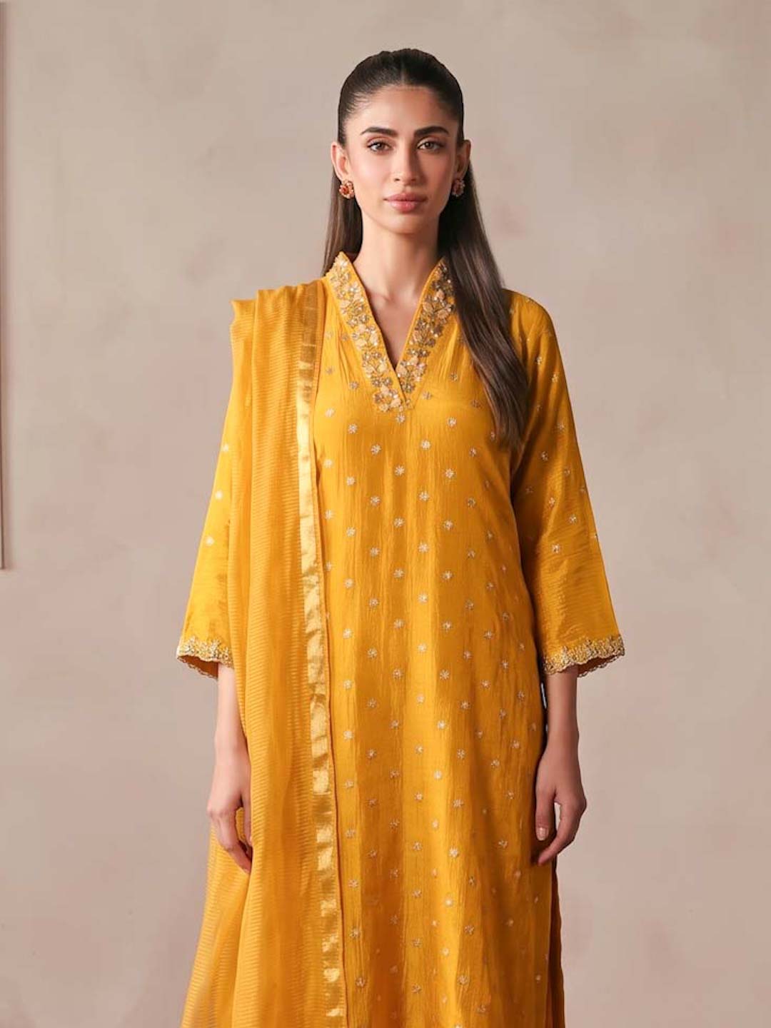 MUSTARD YELLOW TISSUE HANDWORK SUIT SET