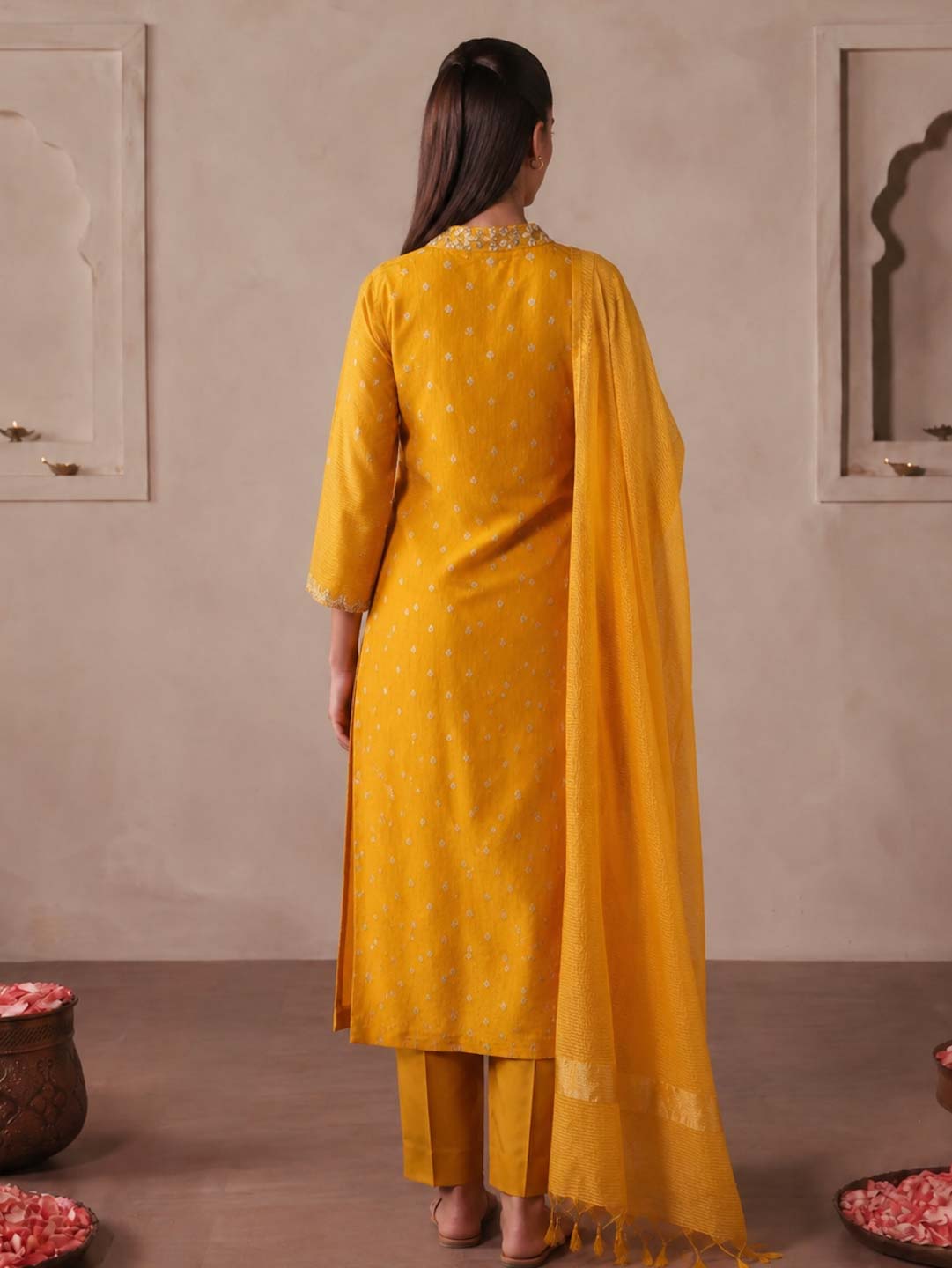 MUSTARD YELLOW TISSUE HANDWORK SUIT SET