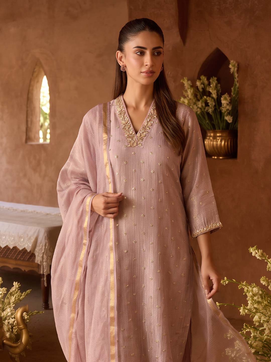 MAUVE TISSUE HANDWORK SUIT SET