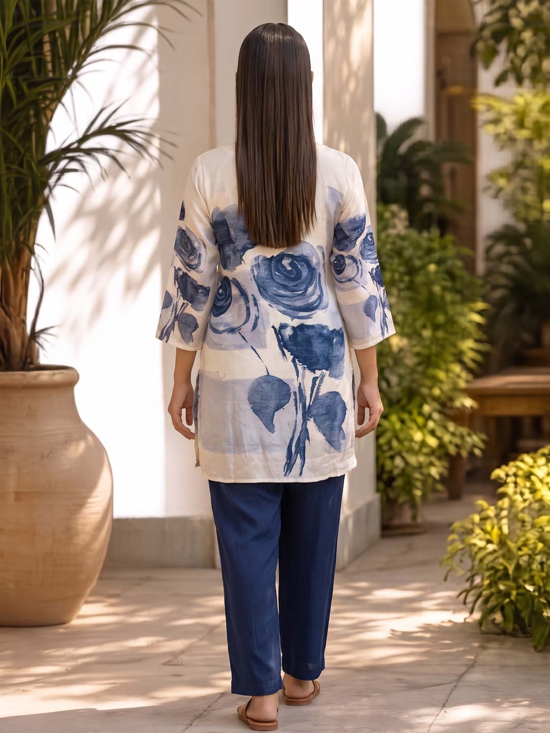 CREAM & BLUE FLOWER DIGITAL PRINT CO-ORD SET