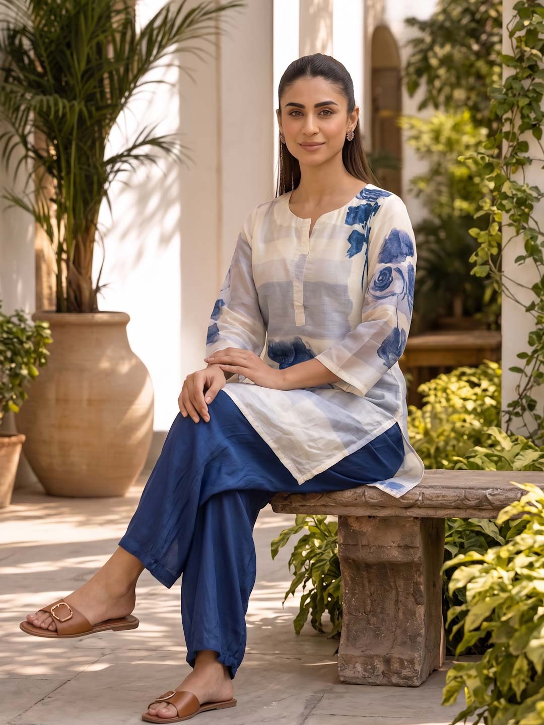 CREAM & BLUE FLOWER DIGITAL PRINT CO-ORD SET