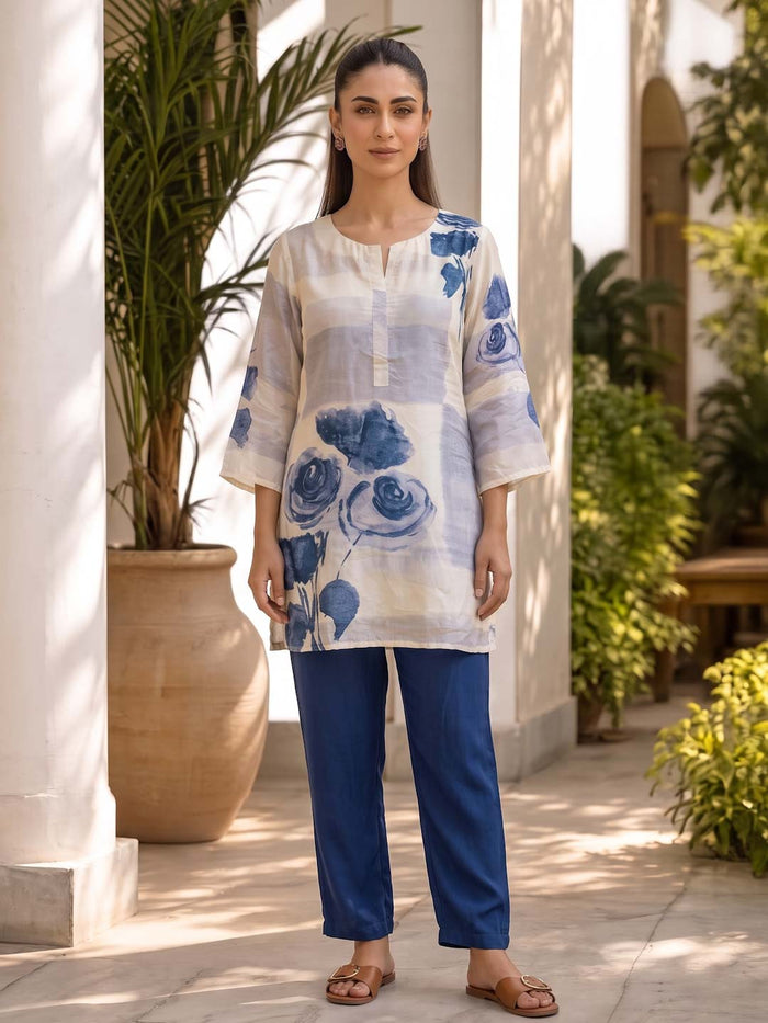CREAM & BLUE FLOWER DIGITAL PRINT CO-ORD SET
