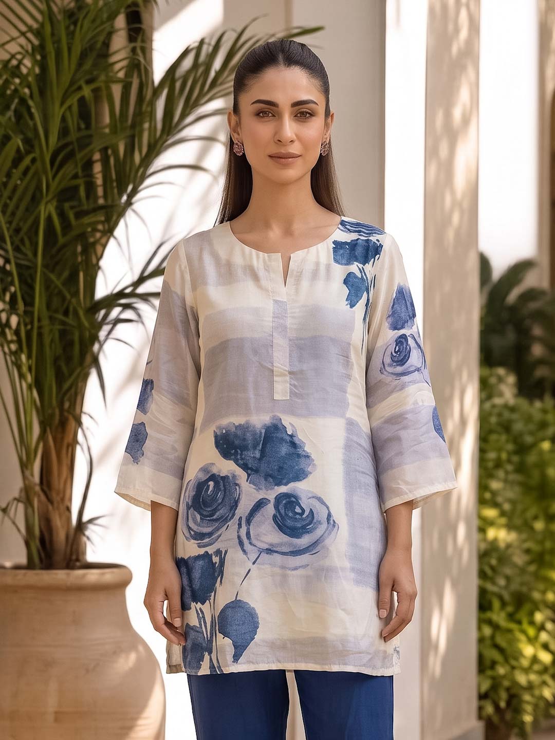 CREAM & BLUE FLOWER DIGITAL PRINT CO-ORD SET