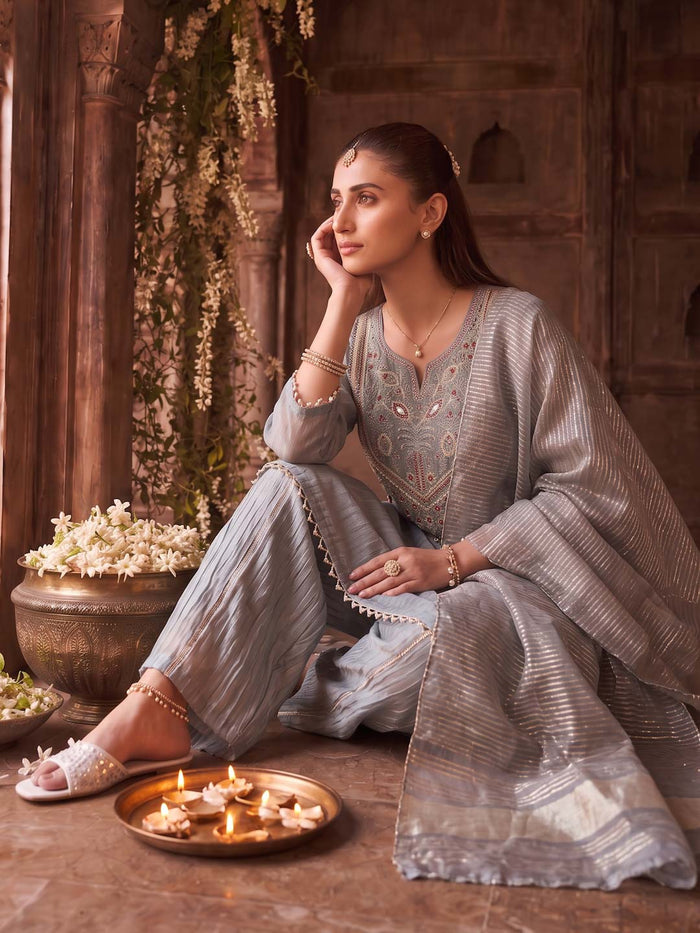 MUTED GREY GOLDEN TISSUE HANDWORK SUIT SET
