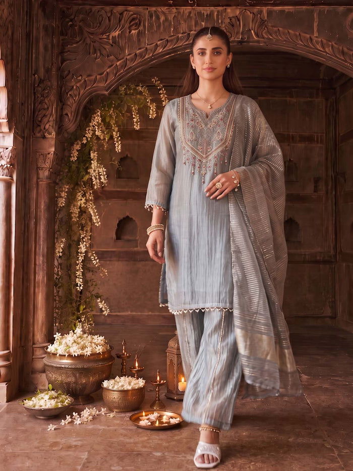 MUTED GREY GOLDEN TISSUE HANDWORK SUIT SET