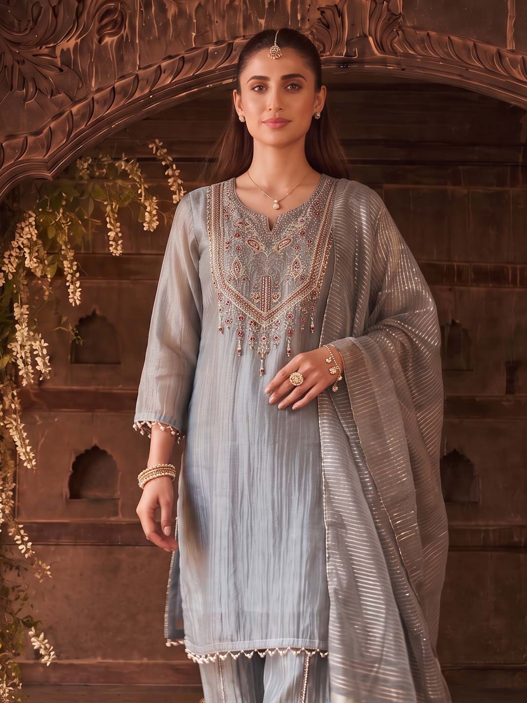 MUTED GREY GOLDEN TISSUE HANDWORK SUIT SET