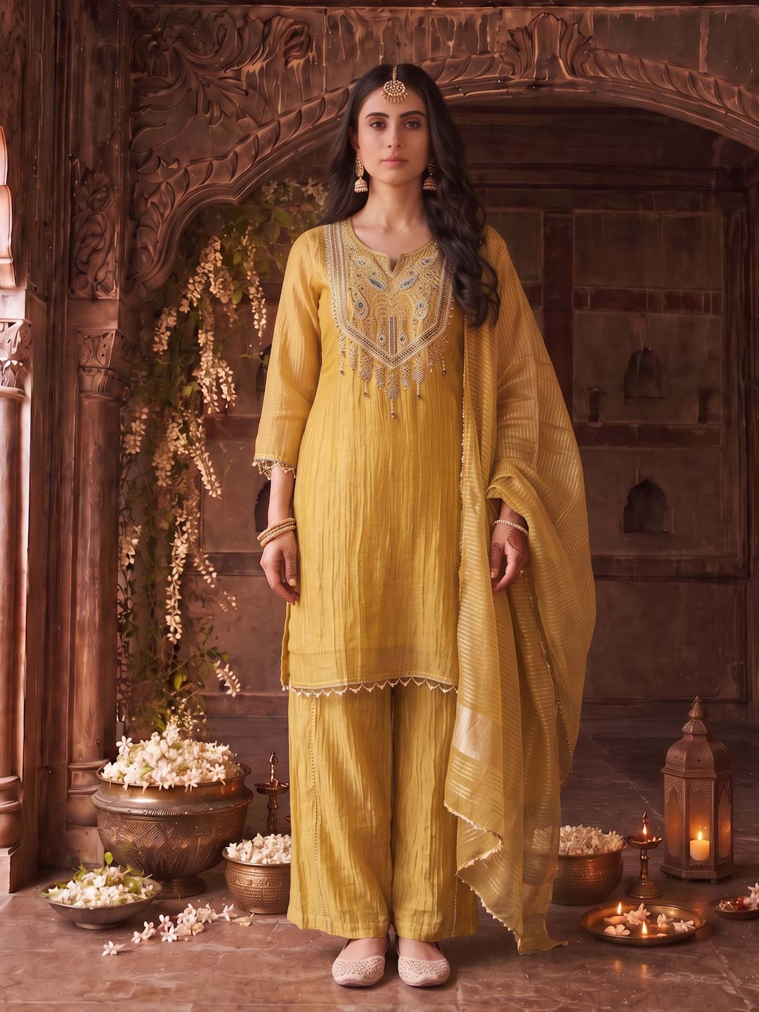 YELLOW TISSUE HANDWORK SUIT SET WITH DUPATTA