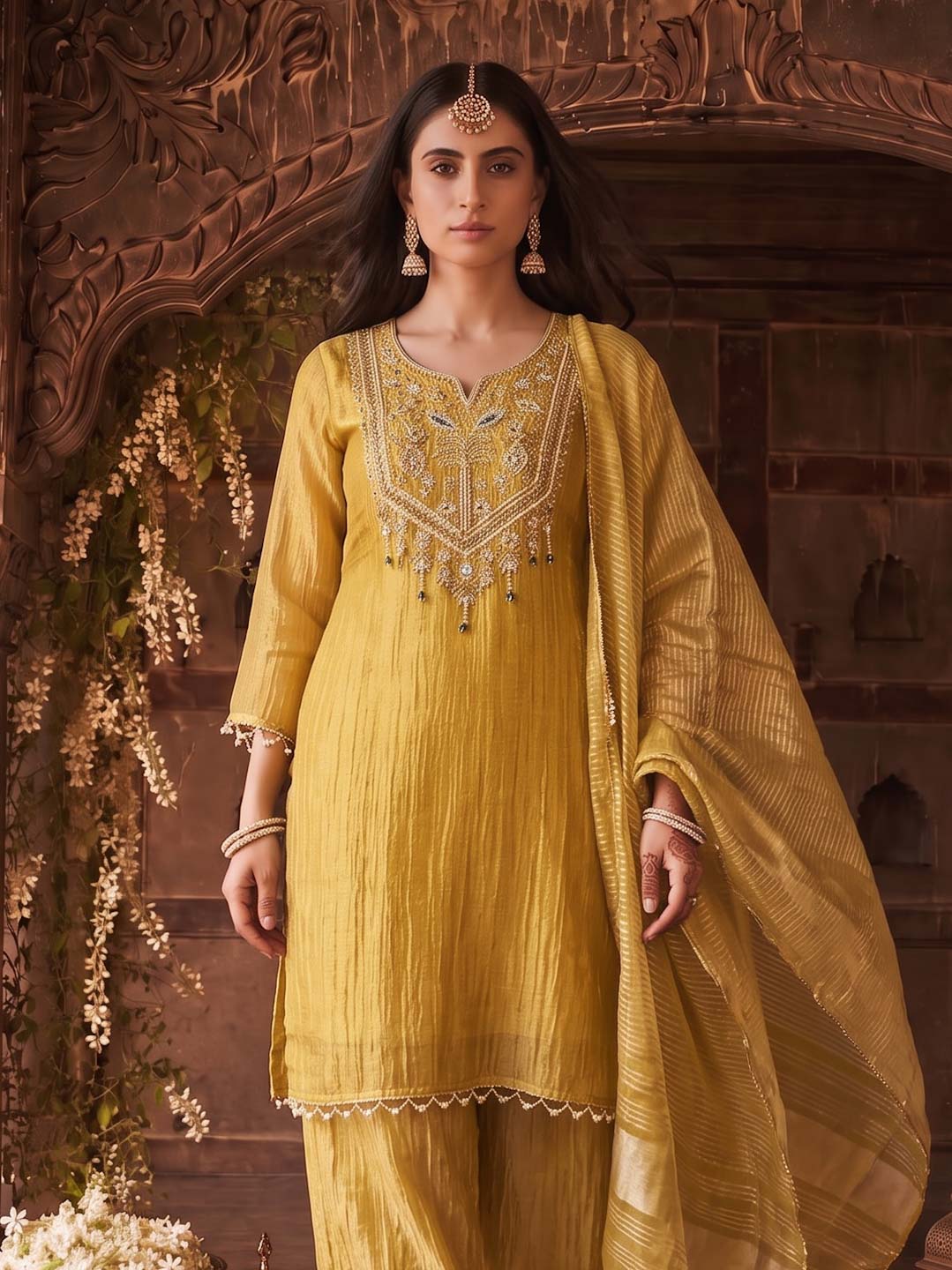 YELLOW TISSUE HANDWORK SUIT SET WITH DUPATTA
