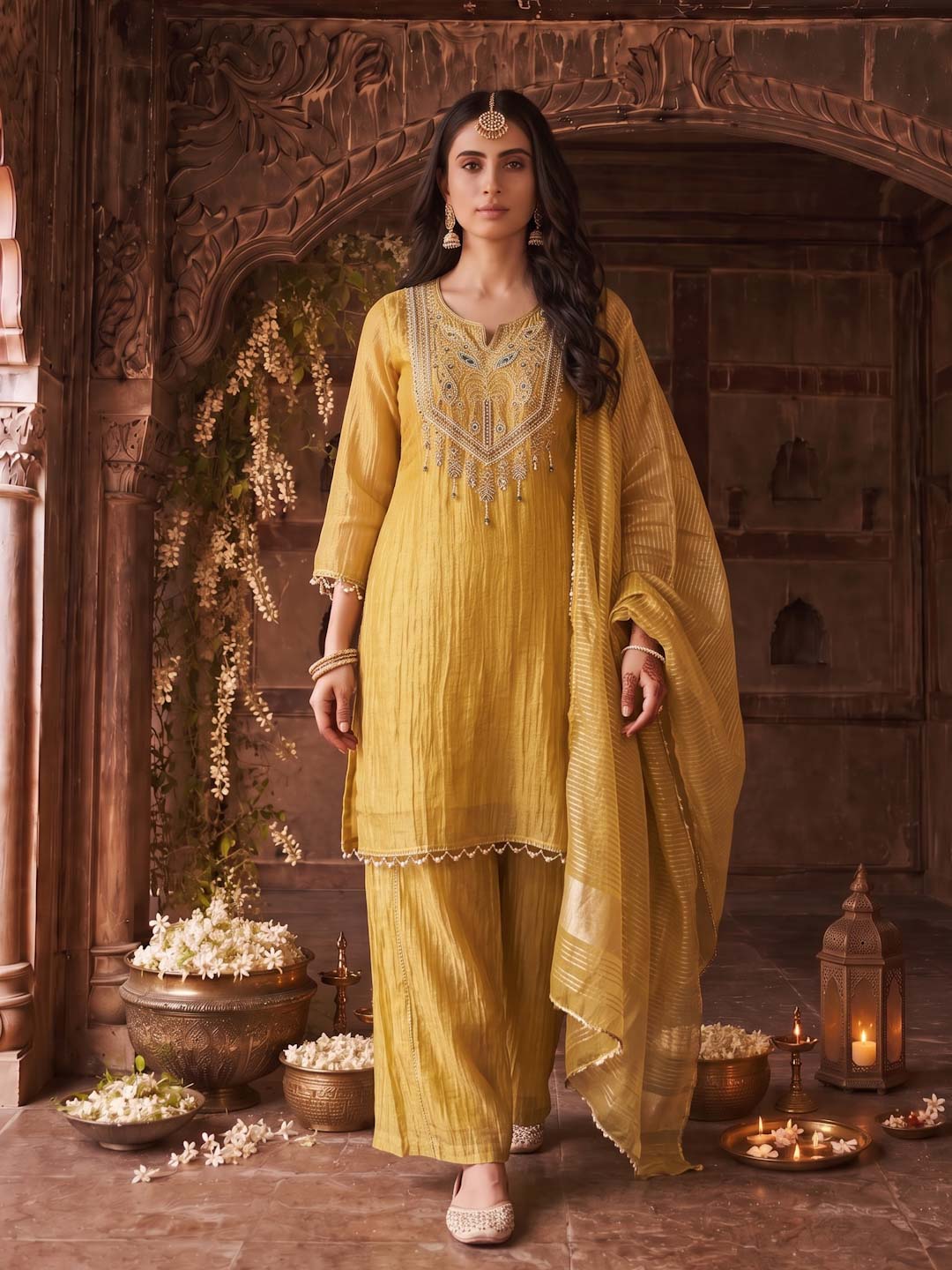 YELLOW TISSUE HANDWORK SUIT SET WITH DUPATTA