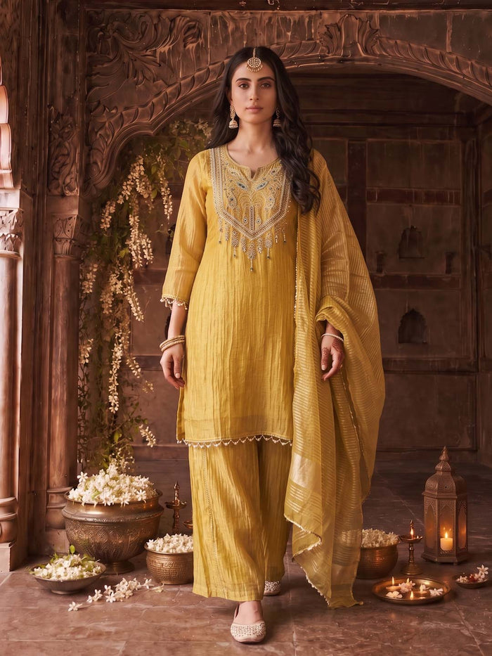 YELLOW TISSUE HANDWORK SUIT SET WITH DUPATTA