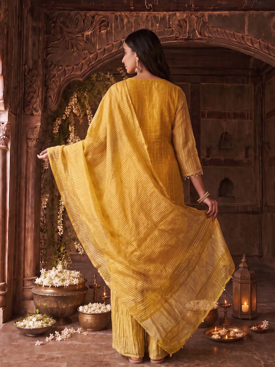 YELLOW TISSUE HANDWORK SUIT SET WITH DUPATTA