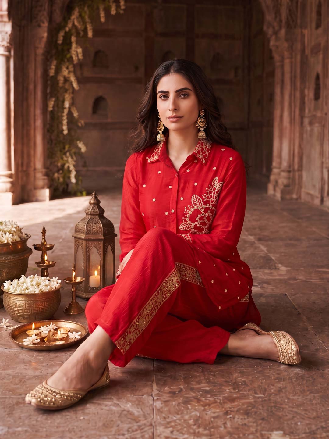 BRIGHT RED HANDWORK CO-ORD SET