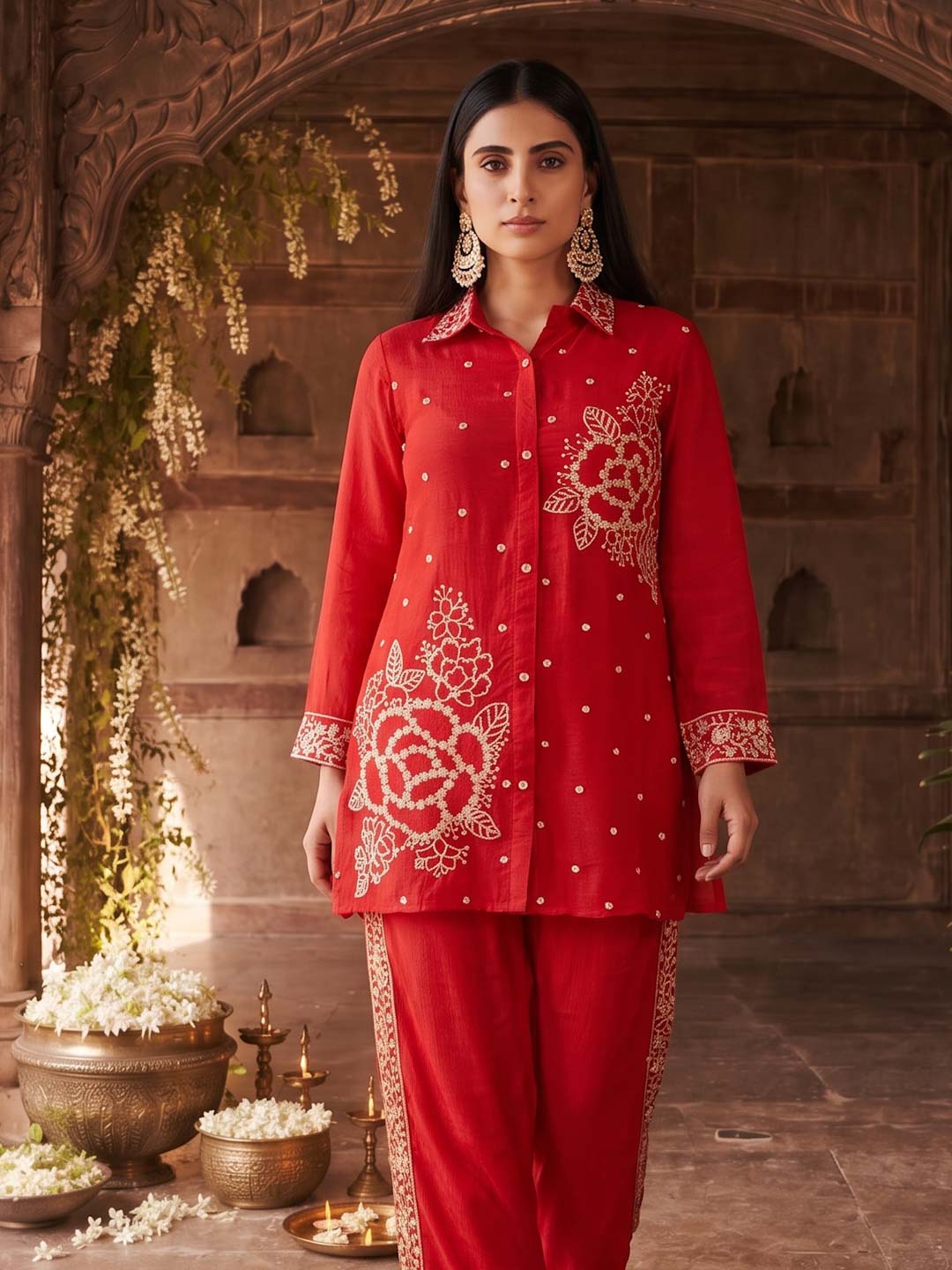 BRIGHT RED HANDWORK CO-ORD SET