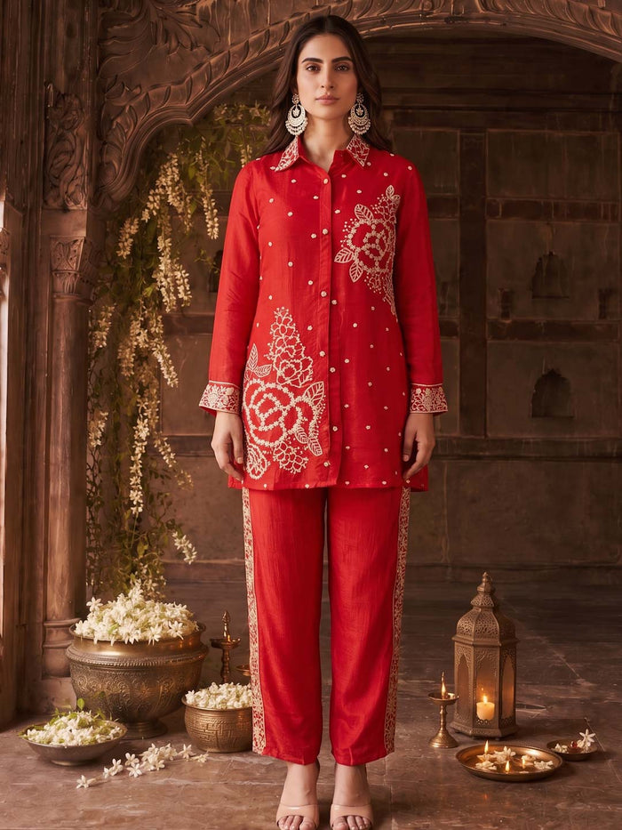 BRIGHT RED HANDWORK CO-ORD SET