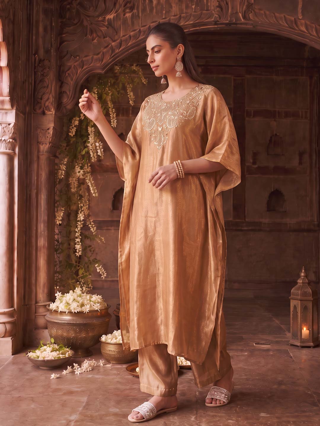 BRONZE BEIGE TISSUE CO-ORD SET WITH HANDWORK