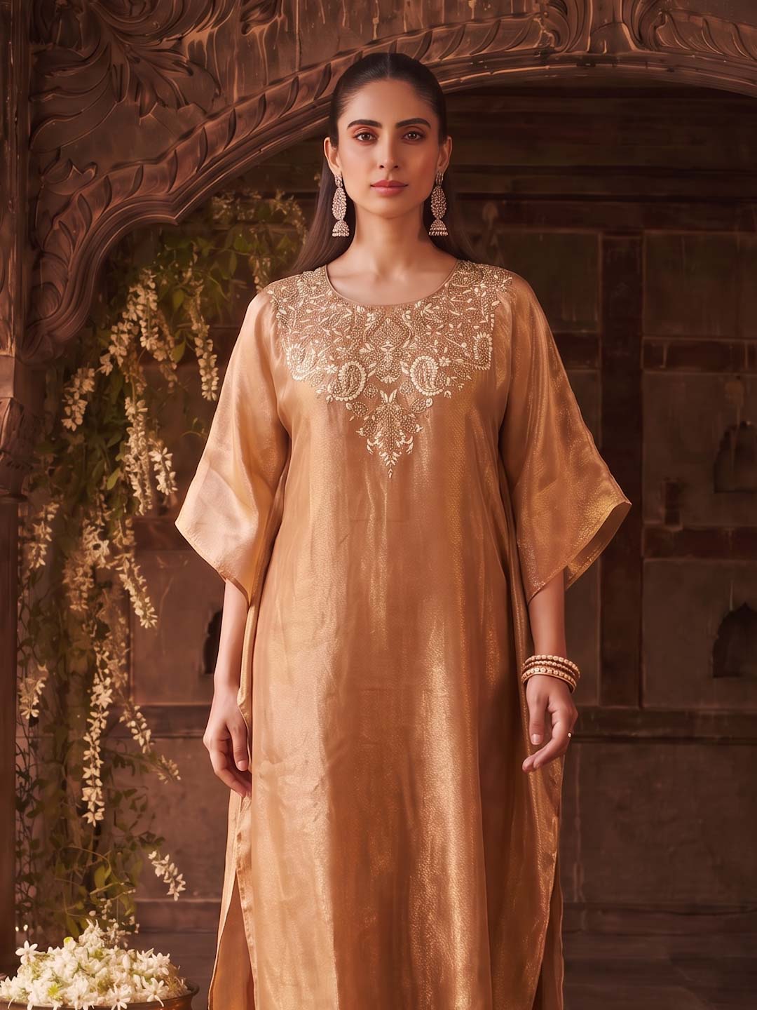 BRONZE BEIGE TISSUE CO-ORD SET WITH HANDWORK