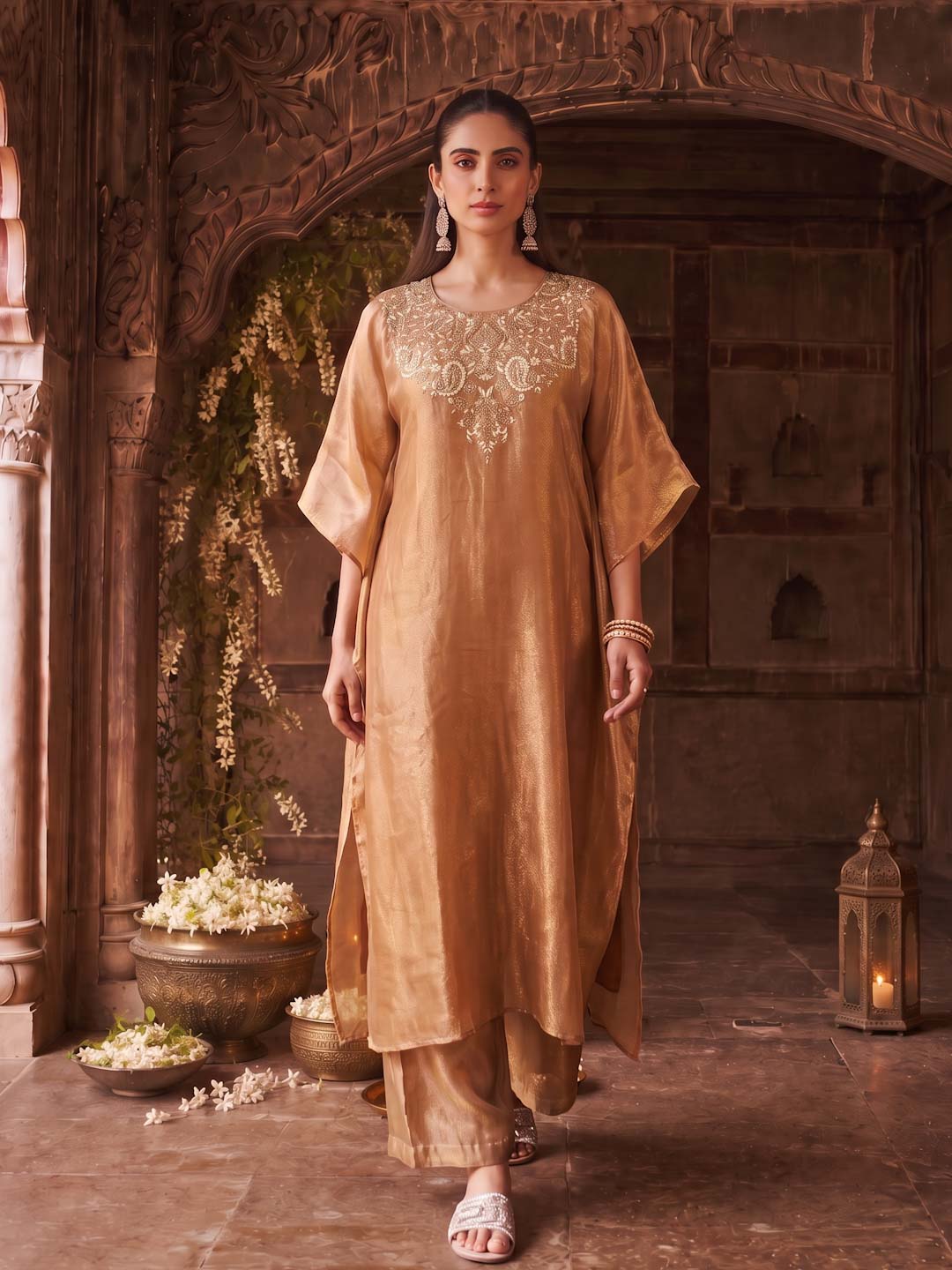 BRONZE BEIGE TISSUE CO-ORD SET WITH HANDWORK
