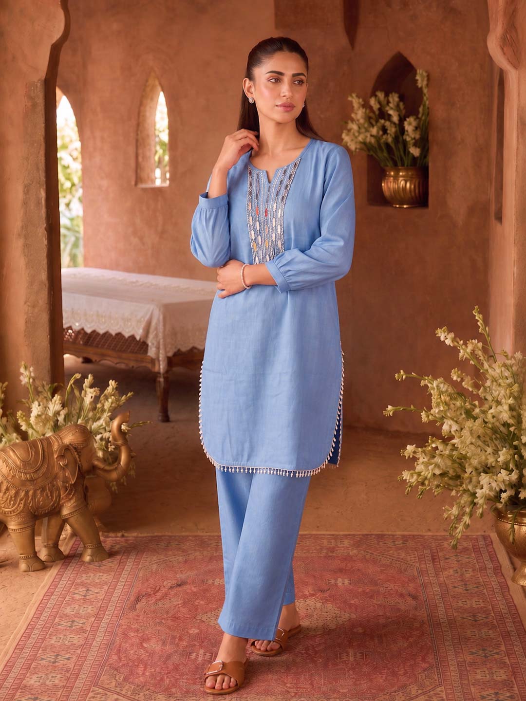 BLUE CHANDERI HANDWORK CO-ORD SET