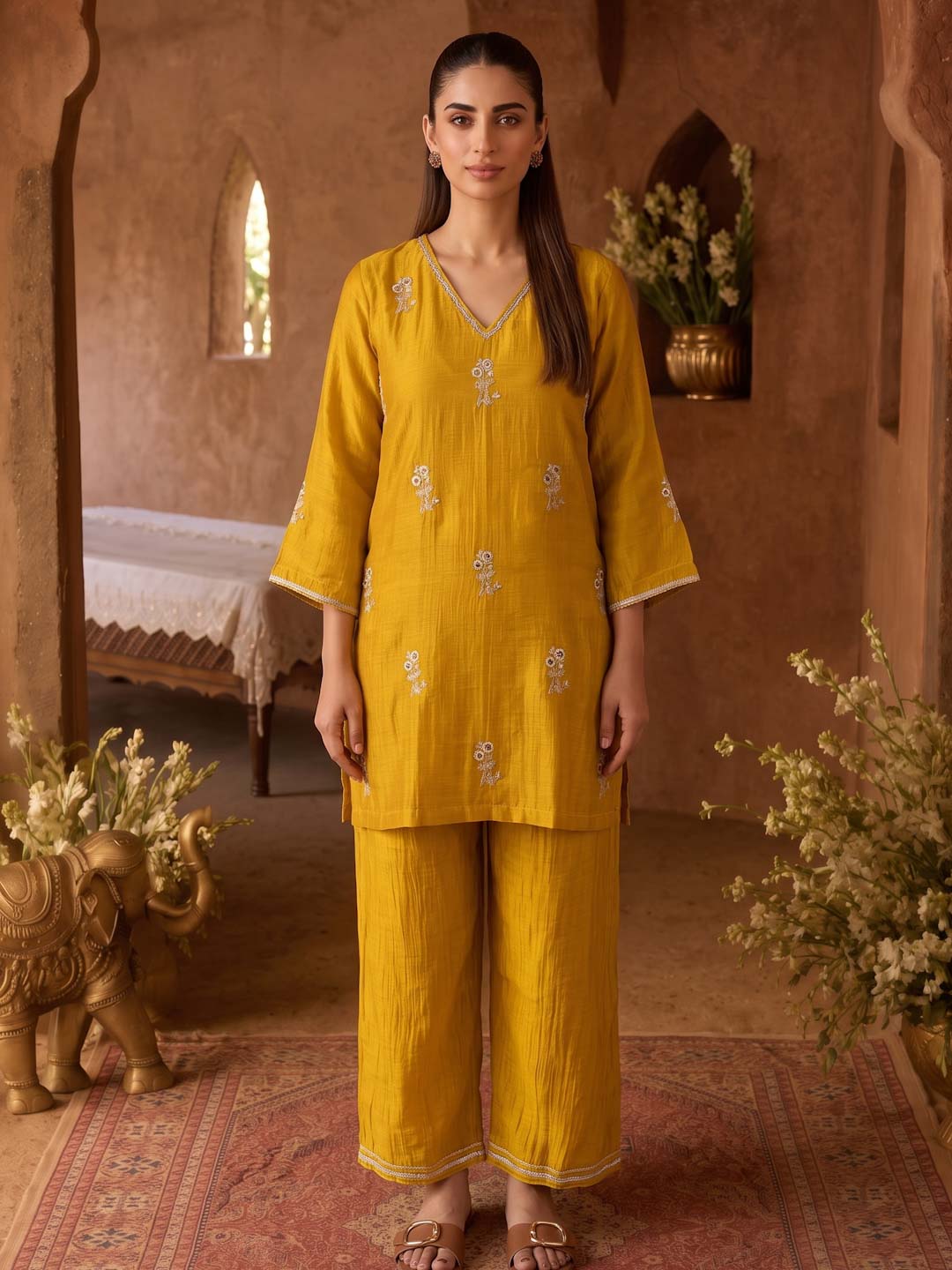 MUSTARD YELLOW MUL CHANDERI HANDWORK CO-ORD SET